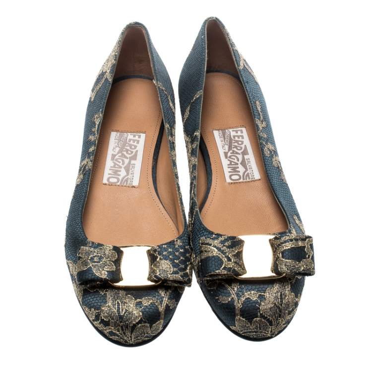 Pre Owned Salvatore Ferragamo  Blue Bordeaux Satin And Lace Tarita Ballet Flats Size 36.5
