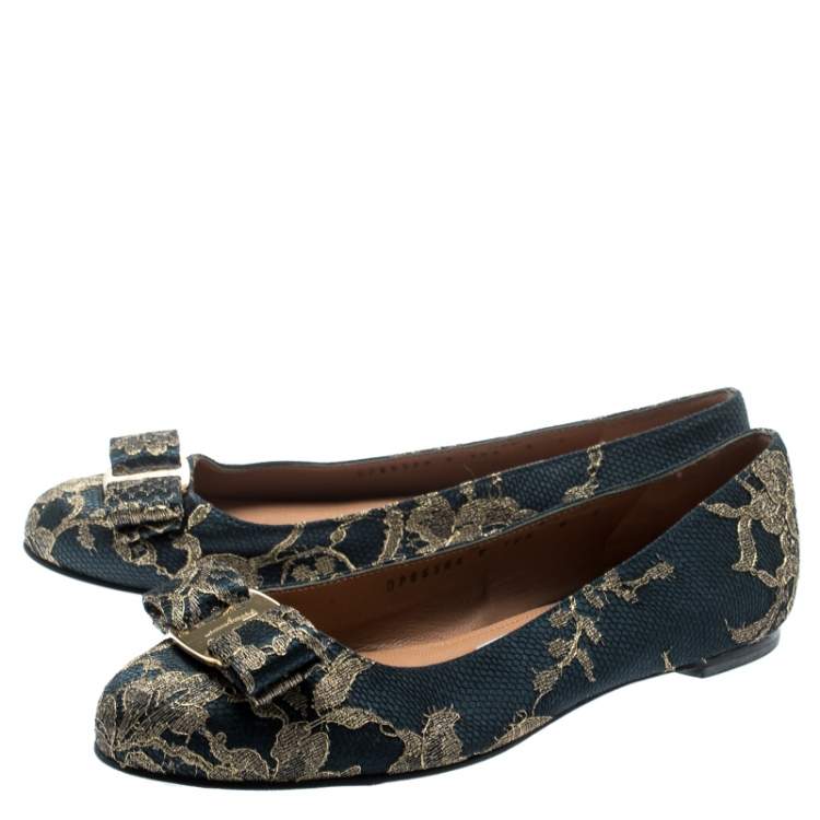 Pre Owned Salvatore Ferragamo  Blue Bordeaux Satin And Lace Tarita Ballet Flats Size 36.5