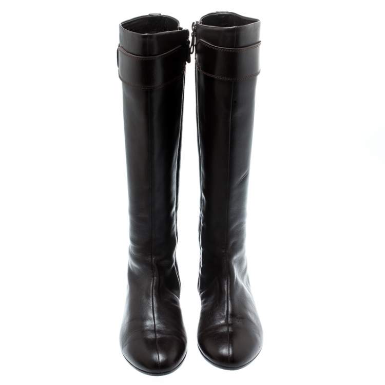 Pre Owned Salvatore Ferragamo Brown Leather Knee Boots  Size 36.5