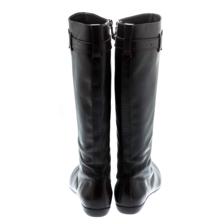 Pre Owned Salvatore Ferragamo Brown Leather Knee Boots  Size 36.5