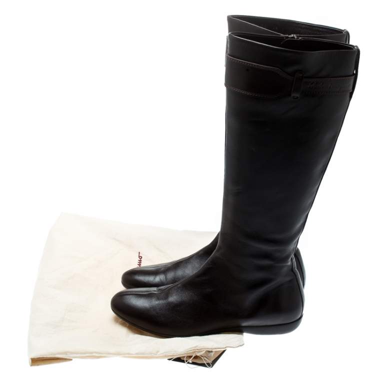 Pre Owned Salvatore Ferragamo Brown Leather Knee Boots  Size 36.5