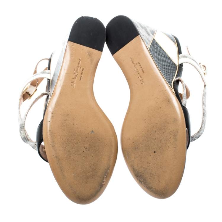 Pre Owned Salvatore Ferragamo Black Lizard Leather Gris Open Toe Cross Strap Wedge Sandals Size 37.5