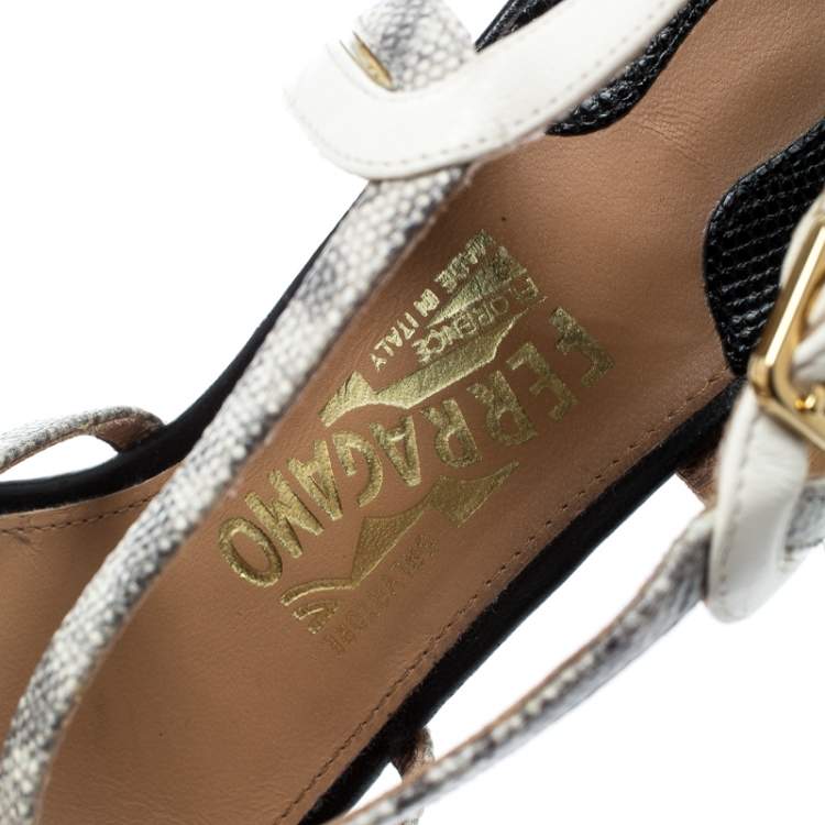 Pre Owned Salvatore Ferragamo Black Lizard Leather Gris Open Toe Cross Strap Wedge Sandals Size 37.5