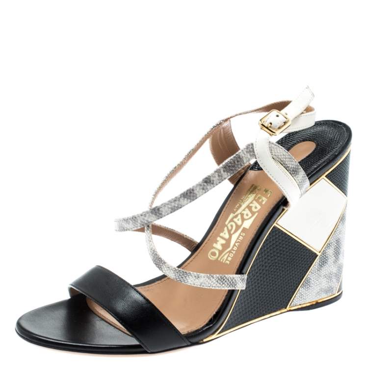 Pre Owned Salvatore Ferragamo Black Lizard Leather Gris Open Toe Cross Strap Wedge Sandals Size 37.5