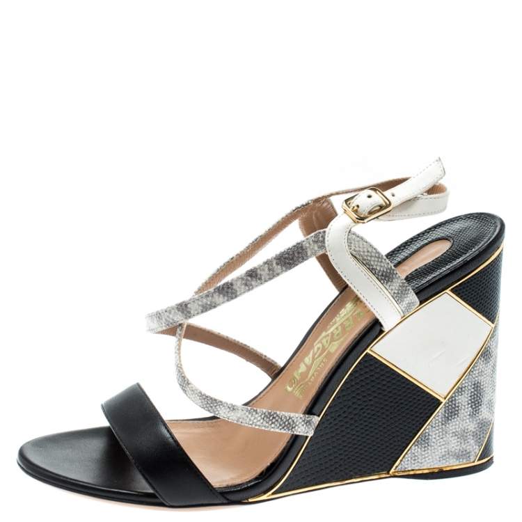 Pre Owned Salvatore Ferragamo Black Lizard Leather Gris Open Toe Cross Strap Wedge Sandals Size 37.5