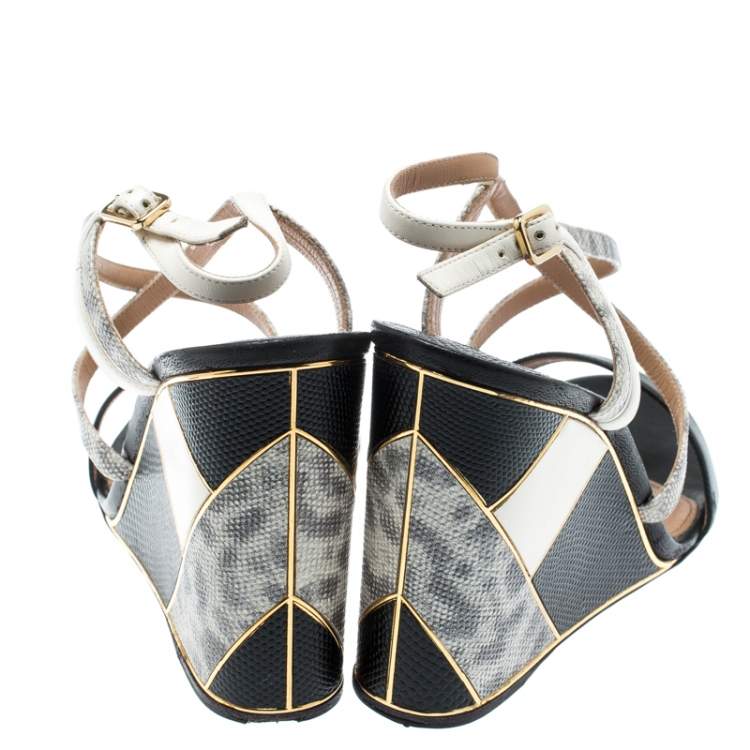 Pre Owned Salvatore Ferragamo Black Lizard Leather Gris Open Toe Cross Strap Wedge Sandals Size 37.5