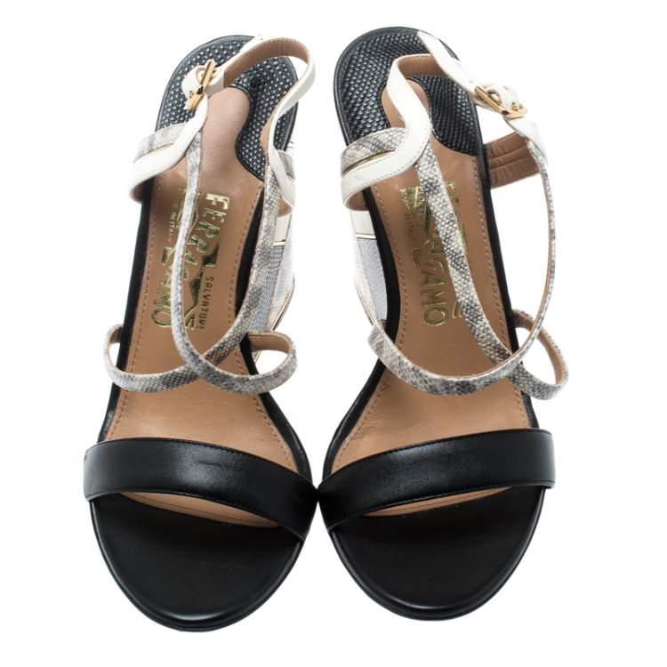 Pre Owned Salvatore Ferragamo Black Lizard Leather Gris Open Toe Cross Strap Wedge Sandals Size 37.5