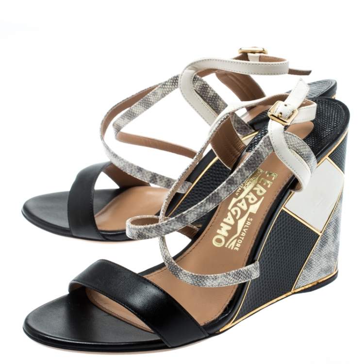 Pre Owned Salvatore Ferragamo Black Lizard Leather Gris Open Toe Cross Strap Wedge Sandals Size 37.5