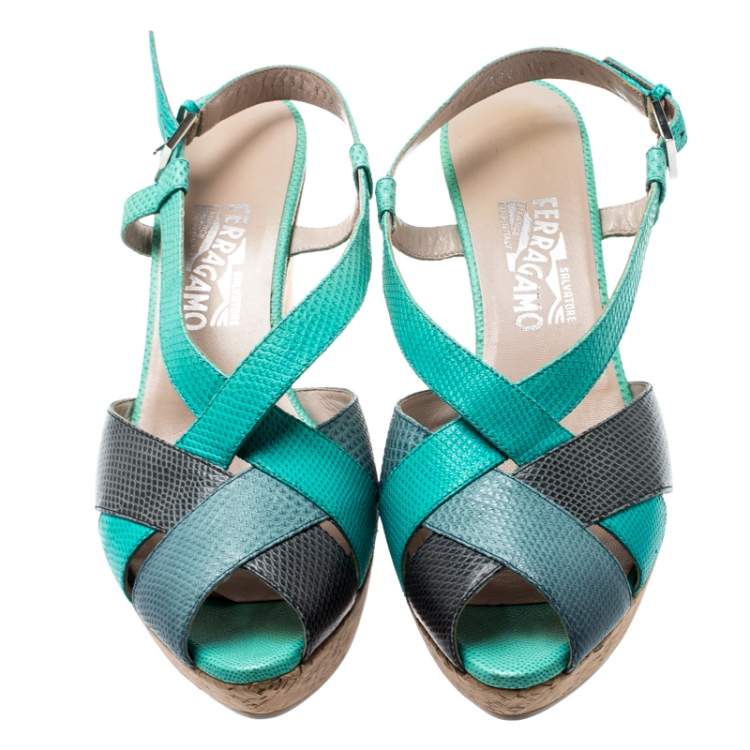 Pre Owned Salvatore Ferragamo Tricolor Lizard Leather Cross Strap Cork Wedge Sandals Size 41 