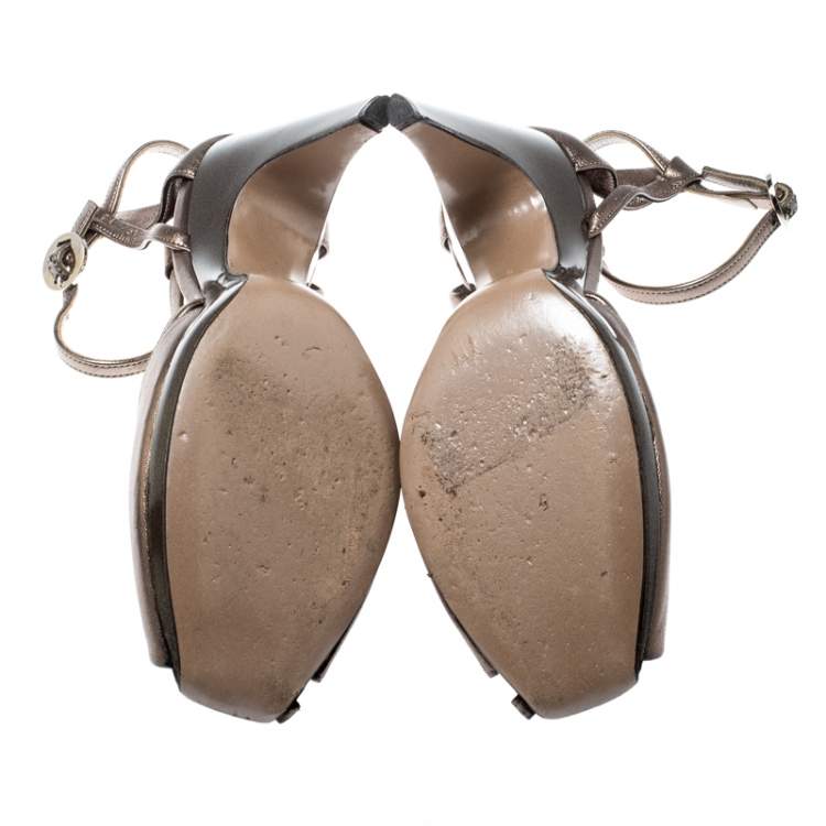 Pre Owned Salvatore Ferragamo Metallic Bronze Leather Ankle Strap Sandals Size 37.5