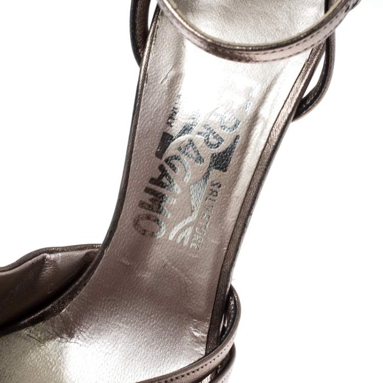 Pre Owned Salvatore Ferragamo Metallic Bronze Leather Ankle Strap Sandals Size 37.5