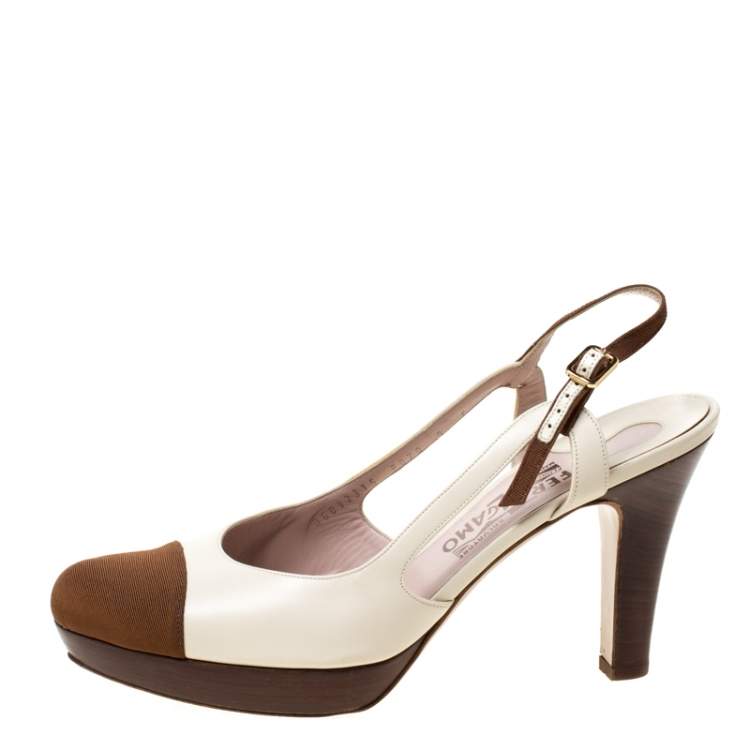 Pre Owned Salvatore Ferragamo White Leather And Brown Canvas Slingback Platform Sandals Size 39.5
