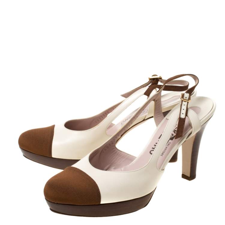 Pre Owned Salvatore Ferragamo White Leather And Brown Canvas Slingback Platform Sandals Size 39.5