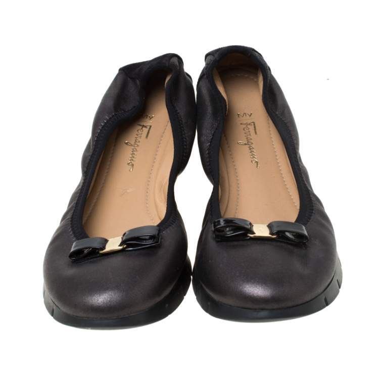 Pre Owned Salvatore Ferragamo Black Leather Platform Scrunch Ballet Flats Size 40