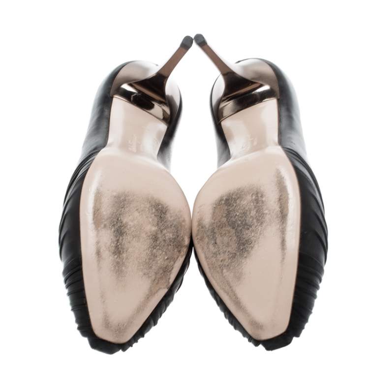 Pre Owned Salvatore Ferragamo Black Pleated Leather Peep Toe Pumps Size 37