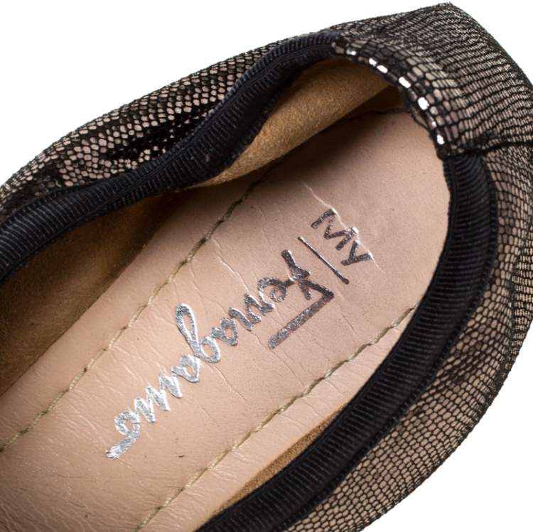 Pre Owned Salvatore Ferragamo Dark Grey Metallic Lizard Embossed Leather My Joyful Ballerina Flats Size 36.5