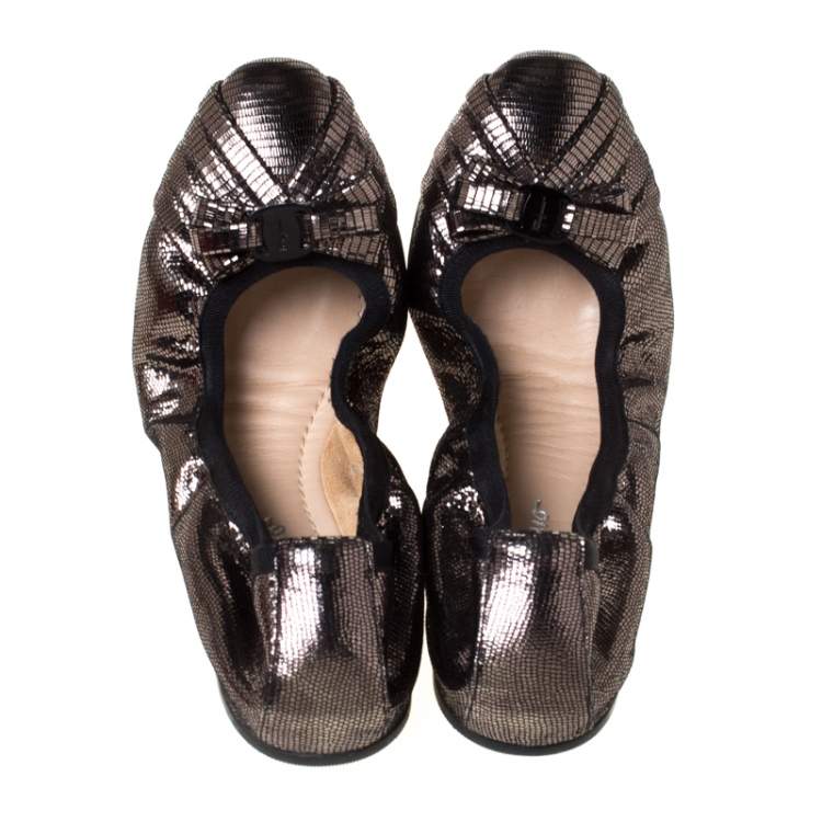Pre Owned Salvatore Ferragamo Dark Grey Metallic Lizard Embossed Leather My Joyful Ballerina Flats Size 36.5