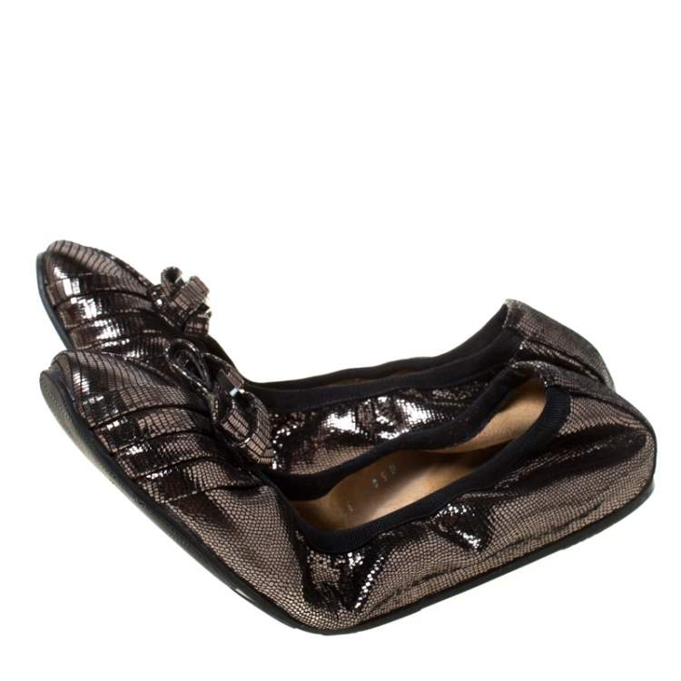 Pre Owned Salvatore Ferragamo Dark Grey Metallic Lizard Embossed Leather My Joyful Ballerina Flats Size 36.5