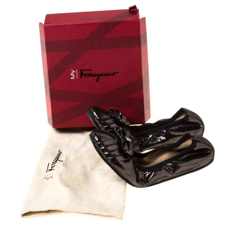 Pre Owned Salvatore Ferragamo Dark Grey Metallic Lizard Embossed Leather My Joyful Ballerina Flats Size 36.5