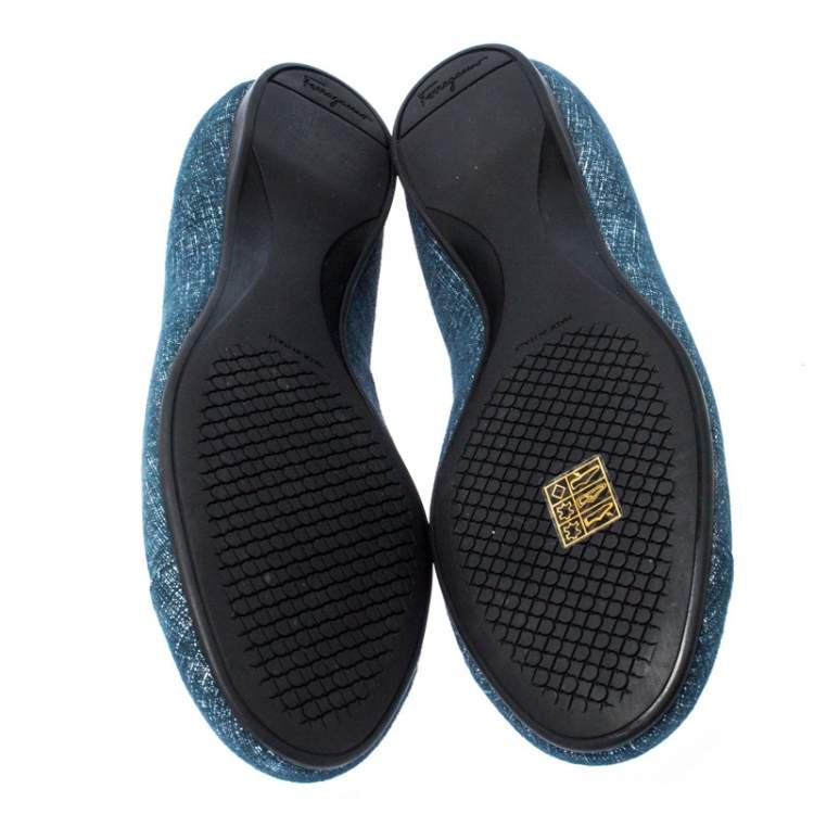 Pre Owned Salvatore Ferragamo Blue Denim Bow Ballet Flats Size 39