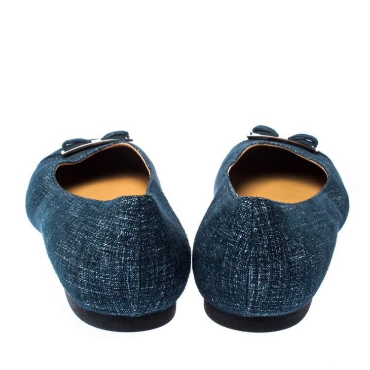 Pre Owned Salvatore Ferragamo Blue Denim Bow Ballet Flats Size 39