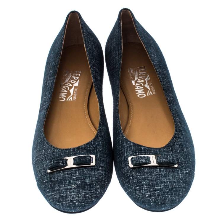 Pre Owned Salvatore Ferragamo Blue Denim Bow Ballet Flats Size 39