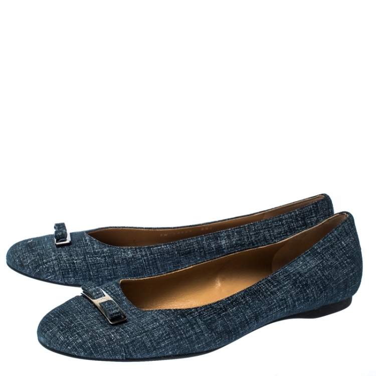 Pre Owned Salvatore Ferragamo Blue Denim Bow Ballet Flats Size 39