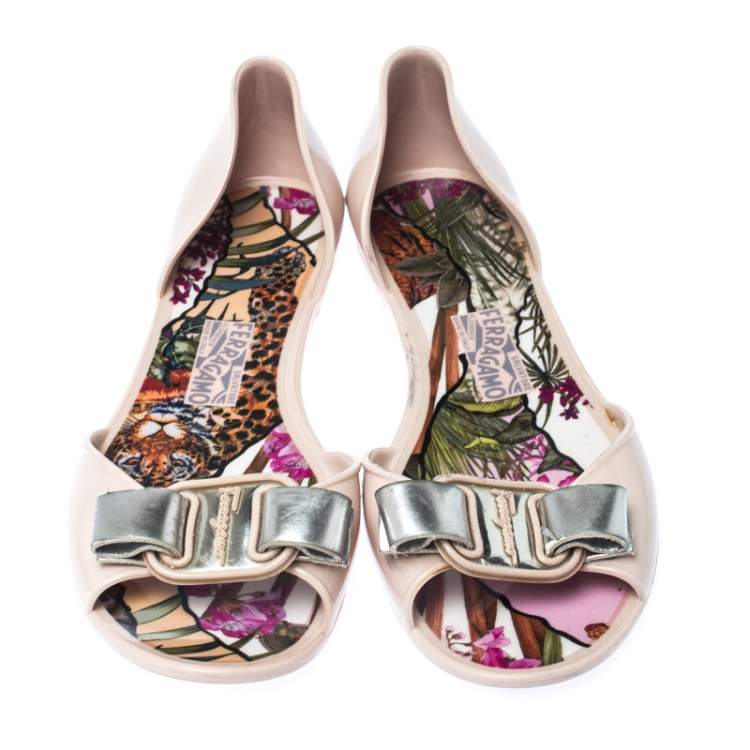 Pre Owned Salvatore Ferragamo Pink Rubber Bow Barbados D-orsay Ballet Flats Size 35.5