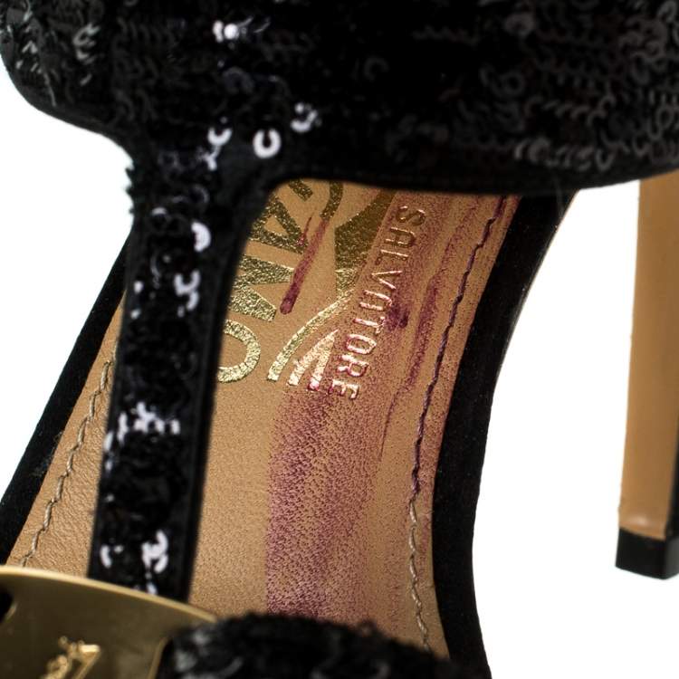 Pre Owned Salvatore Ferragamo Black Sequins and Satin Vara Bow Ankle Strap Sandals Size 38.5