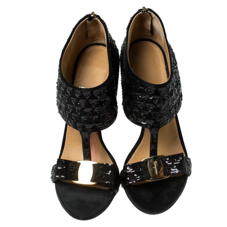 Pre Owned Salvatore Ferragamo Black Sequins and Satin Vara Bow Ankle Strap Sandals Size 38.5