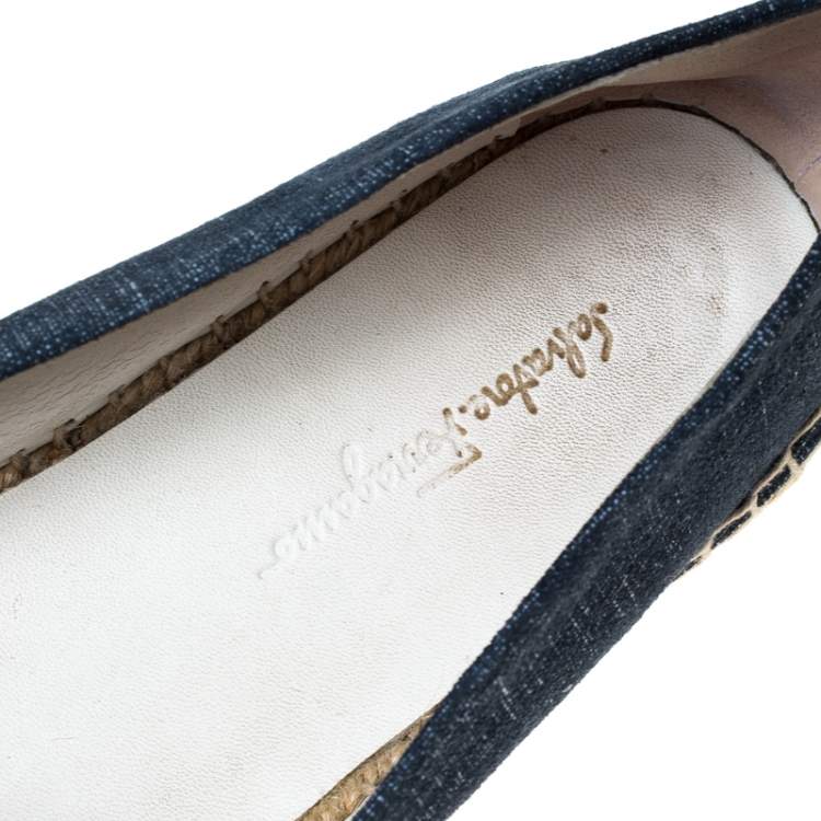 Pre Owned Salvatore Ferragamo Blue Printed Suede Mandy Vara Bow Espadrille Flats Size 38.5