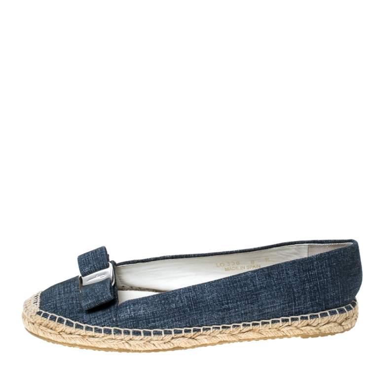 Pre Owned Salvatore Ferragamo Blue Printed Suede Mandy Vara Bow Espadrille Flats Size 38.5