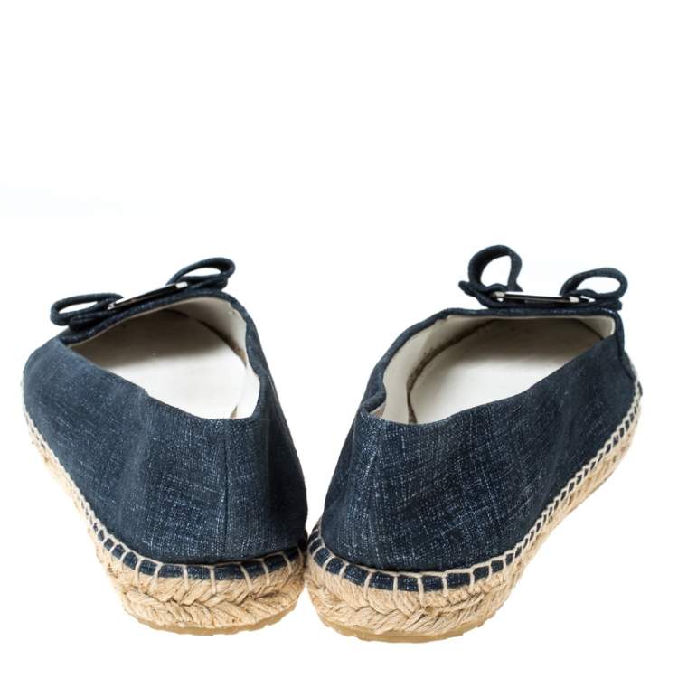 Pre Owned Salvatore Ferragamo Blue Printed Suede Mandy Vara Bow Espadrille Flats Size 38.5