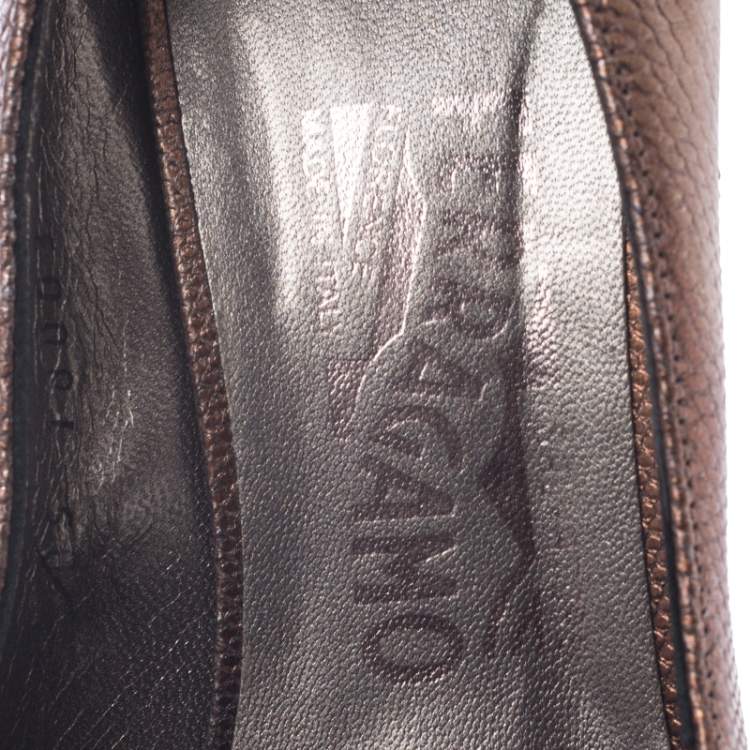 Pre Owned Salvatore Ferragamo Golden Brown Leather Fiberia Peep Toe Pumps Size 39