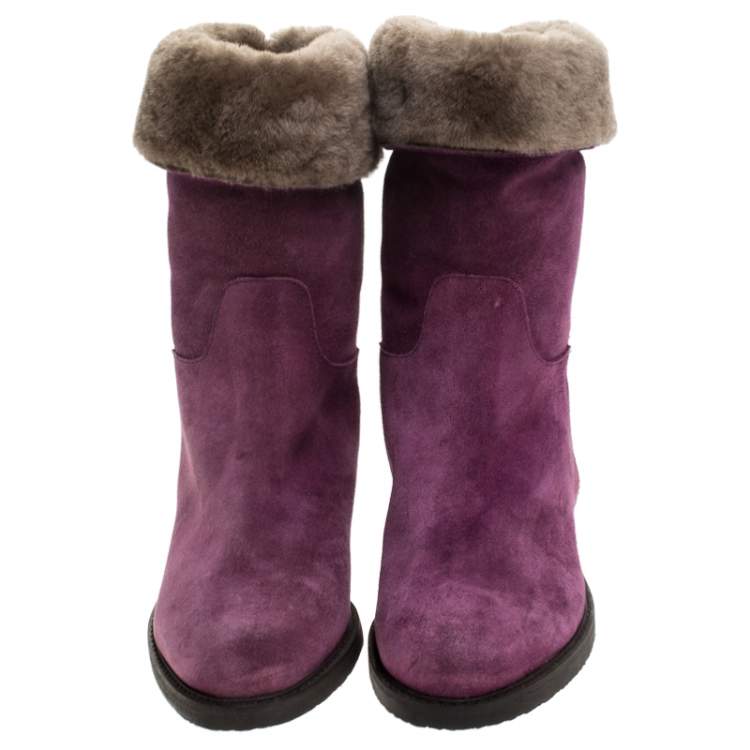 Pre Owned Salvatore Ferragamo Purple Suede And Shearling 'My Ease' Boots Size 37