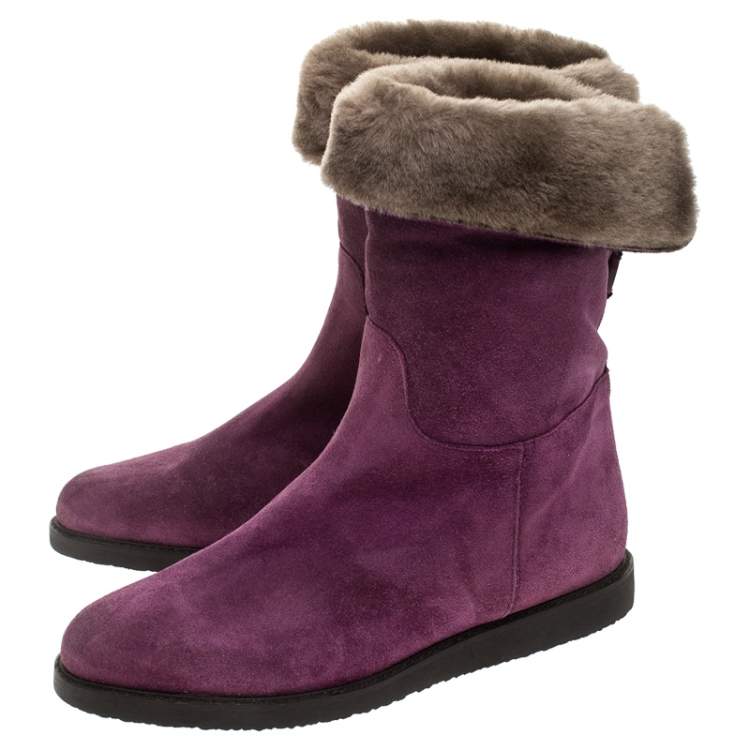 Pre Owned Salvatore Ferragamo Purple Suede And Shearling 'My Ease' Boots Size 37
