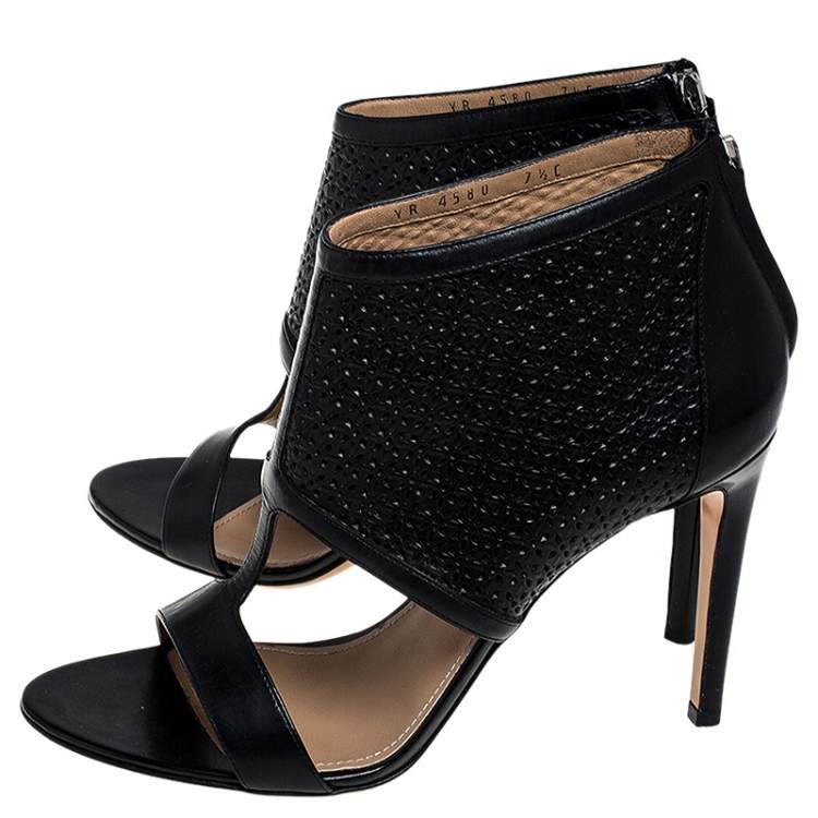 Pre Owned Salvatore Ferragamo Black Perforated Leather Pacella Open-Toe Booties Size 38