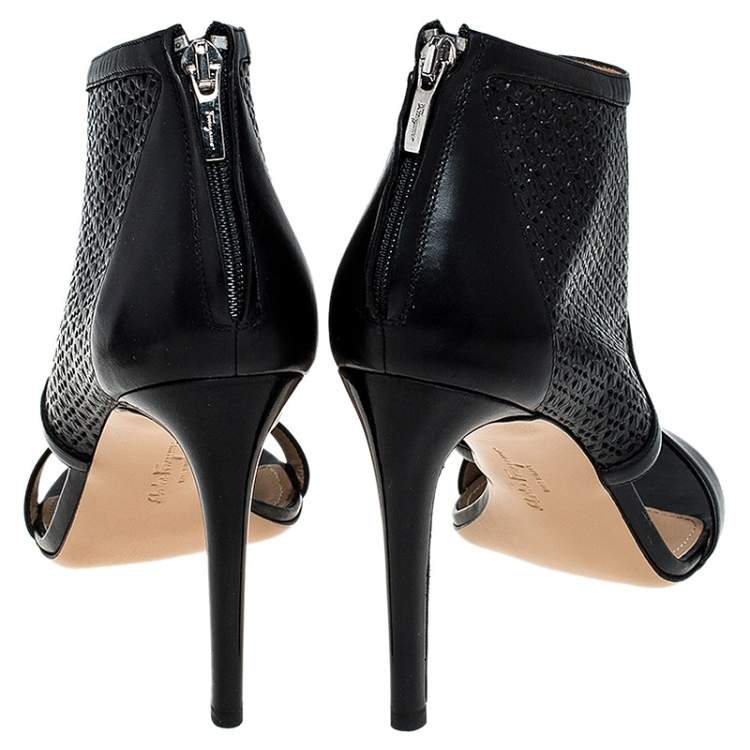Pre Owned Salvatore Ferragamo Black Perforated Leather Pacella Open-Toe Booties Size 38