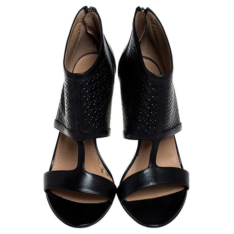 Pre Owned Salvatore Ferragamo Black Perforated Leather Pacella Open-Toe Booties Size 38