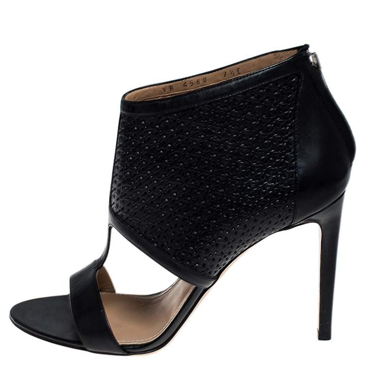 Pre Owned Salvatore Ferragamo Black Perforated Leather Pacella Open-Toe Booties Size 38