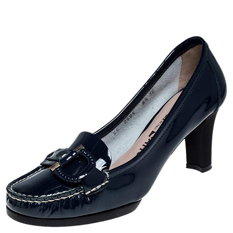 Salvatore Ferragamo Blue Patent Leather Gancini Detail Block Heel