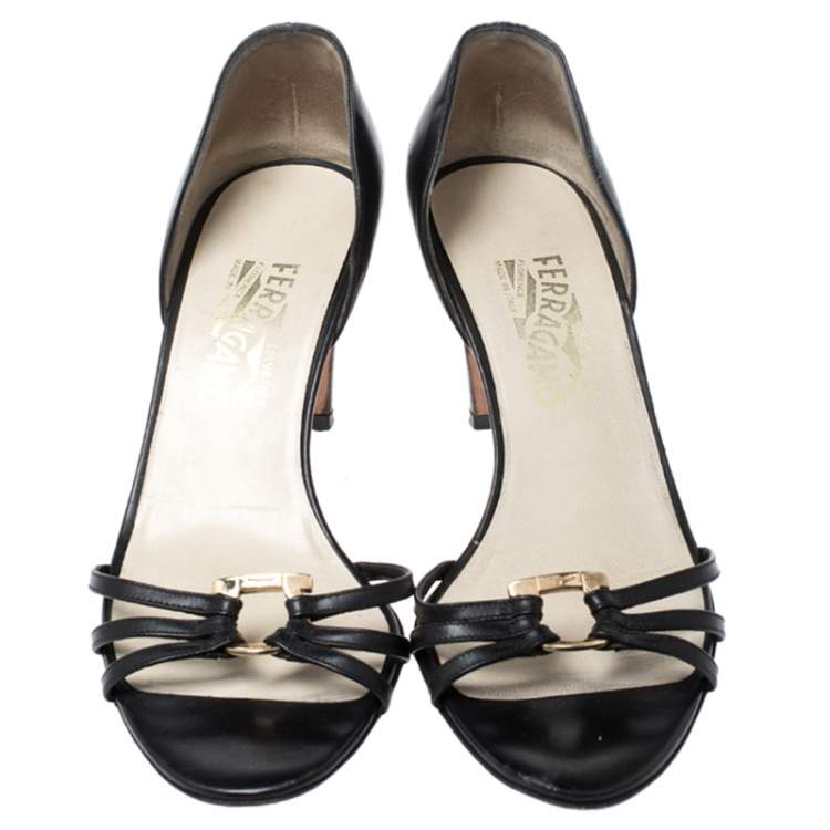 Pre Owned Salvatore Ferragamo Black Leather Strappy Gancini Logo Sandals Size 38.5