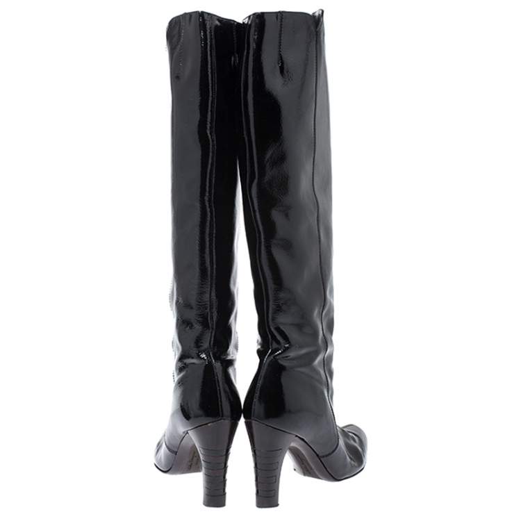 مملوكة مسبقًا Salvatore Ferragamo Black Patent Leather Knee Length Boots Size 38