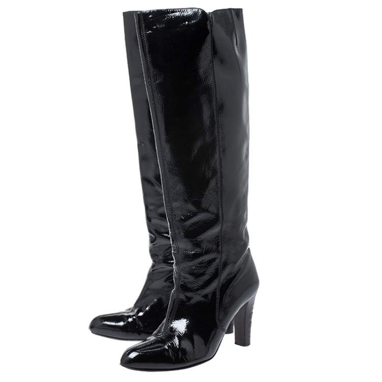 مملوكة مسبقًا Salvatore Ferragamo Black Patent Leather Knee Length Boots Size 38