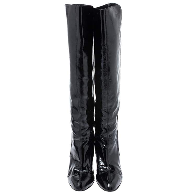 مملوكة مسبقًا Salvatore Ferragamo Black Patent Leather Knee Length Boots Size 38