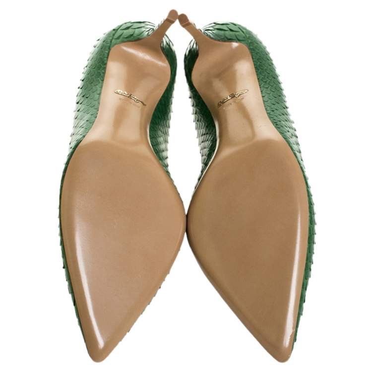 Pre Owned Salvatore Ferragamo Green Python Susi Pointed Toe Pumps Size 40.5