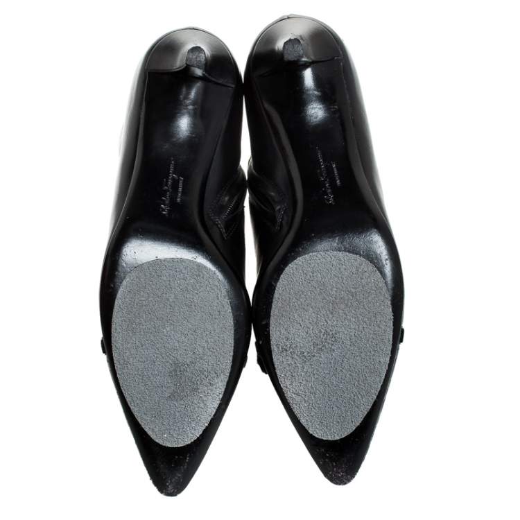 Pre Owned Salvatore Ferragamo Black Leather Velvet Bow Ankle Length Boots Size 37