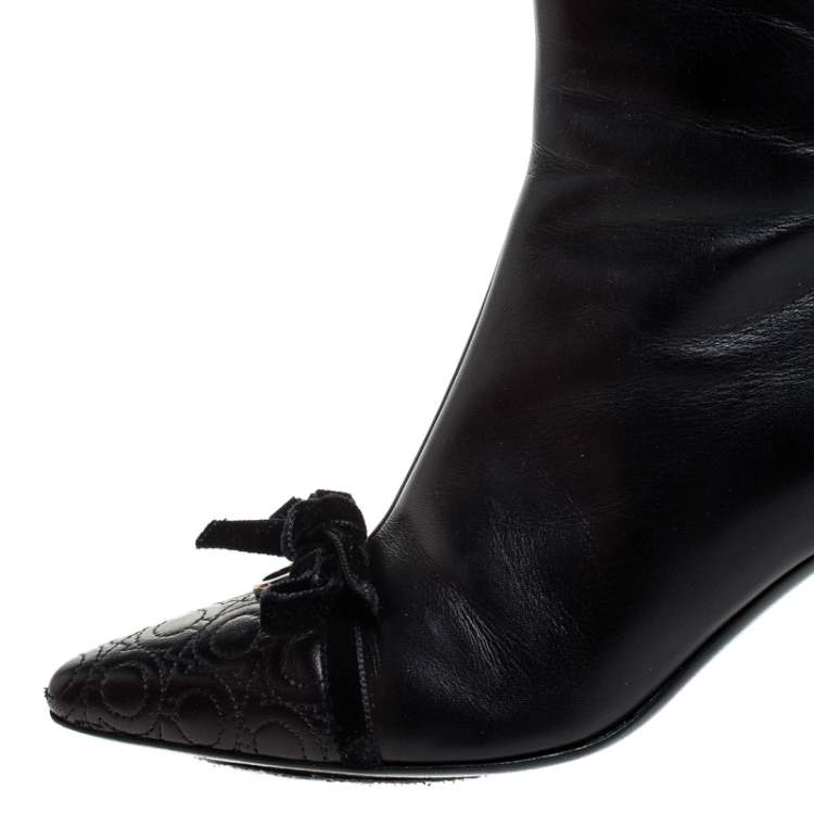Pre Owned Salvatore Ferragamo Black Leather Velvet Bow Ankle Length Boots Size 37