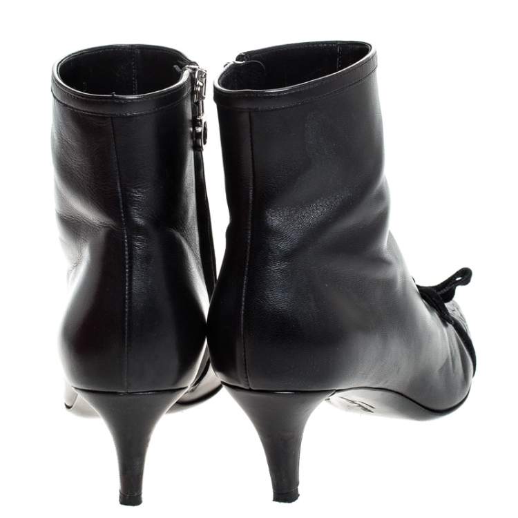 Pre Owned Salvatore Ferragamo Black Leather Velvet Bow Ankle Length Boots Size 37