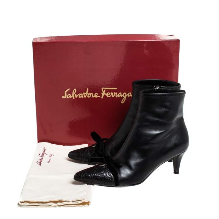 Pre Owned Salvatore Ferragamo Black Leather Velvet Bow Ankle Length Boots Size 37